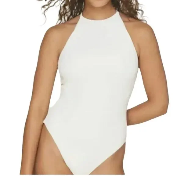 Andie Asbury Ribbed One Piece Coco High Neck Low Back Adjustable M New - Picture 1 of 10